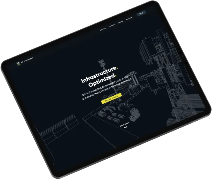 The new 5x5.ai homepage on an iPad — Infrastructure. Optimized. with a 3D wireframe tower