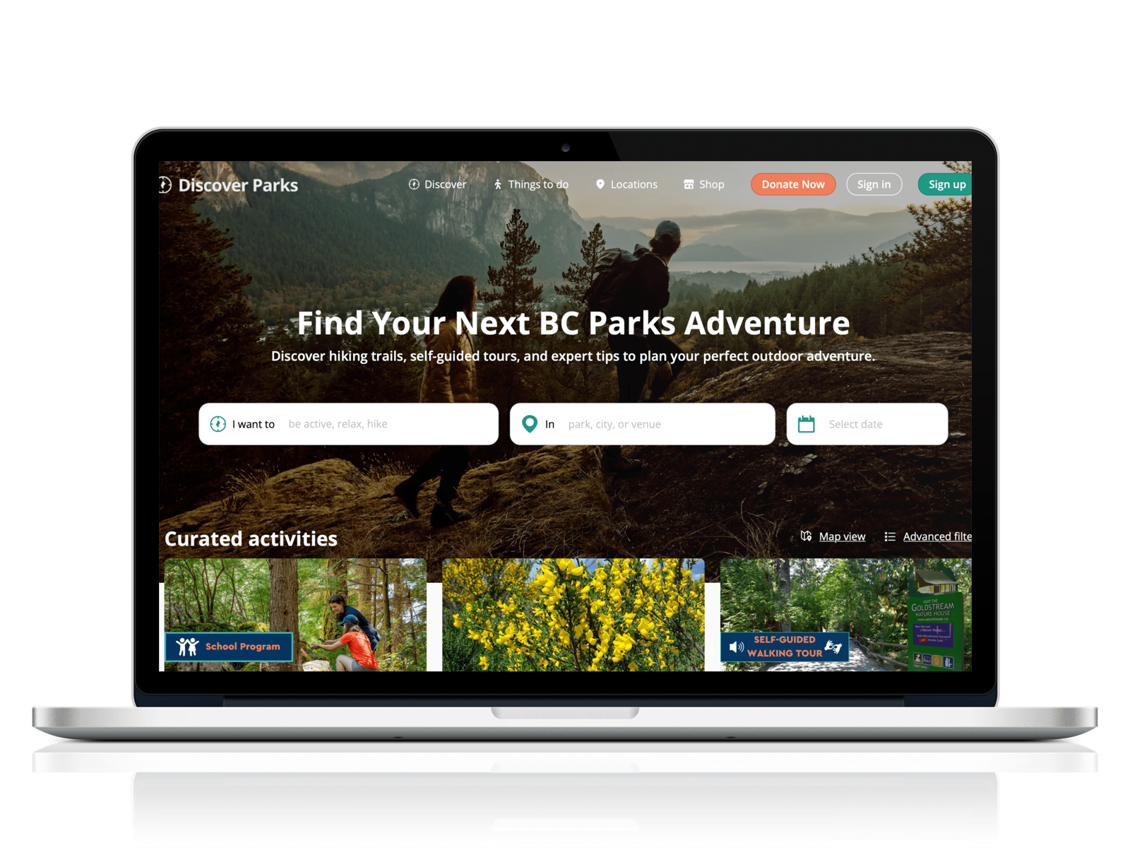 The new Discover Parks homepage on a MacBook — Find Your Next BC Parks Adventure