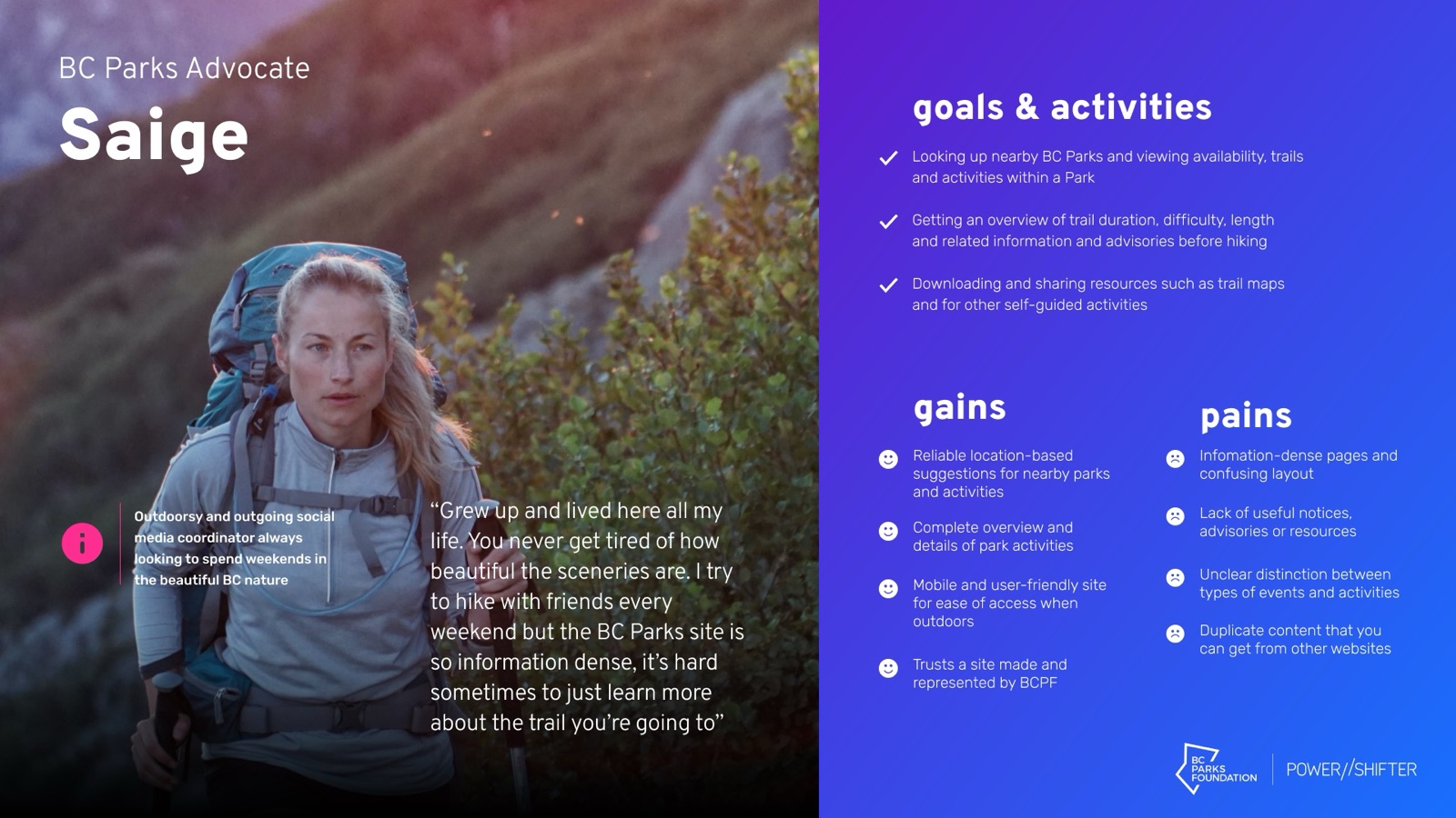 Persona sheet: Saige, a BC Parks Advocate — an outdoorsy social-media coordinator, with her quote, goals and activities, gains and pains for the Discover Parks platform