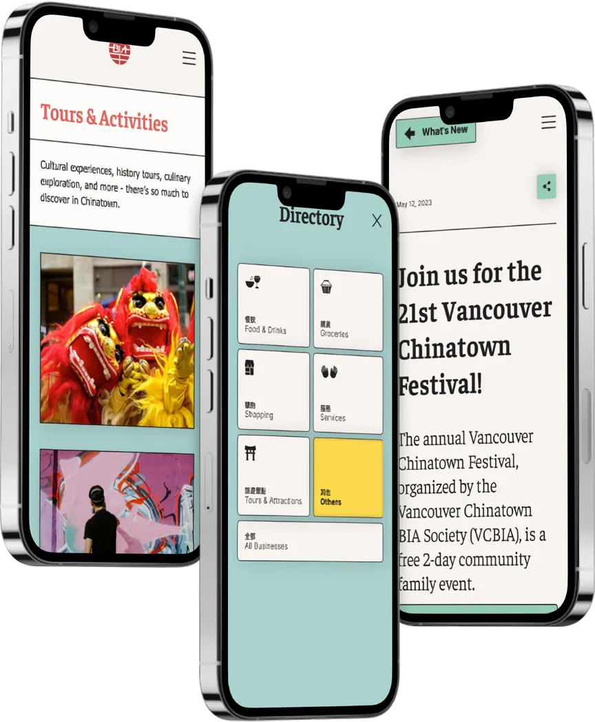 Chinatown's character carried through the app — street-signage cues and real neighbourhood photography