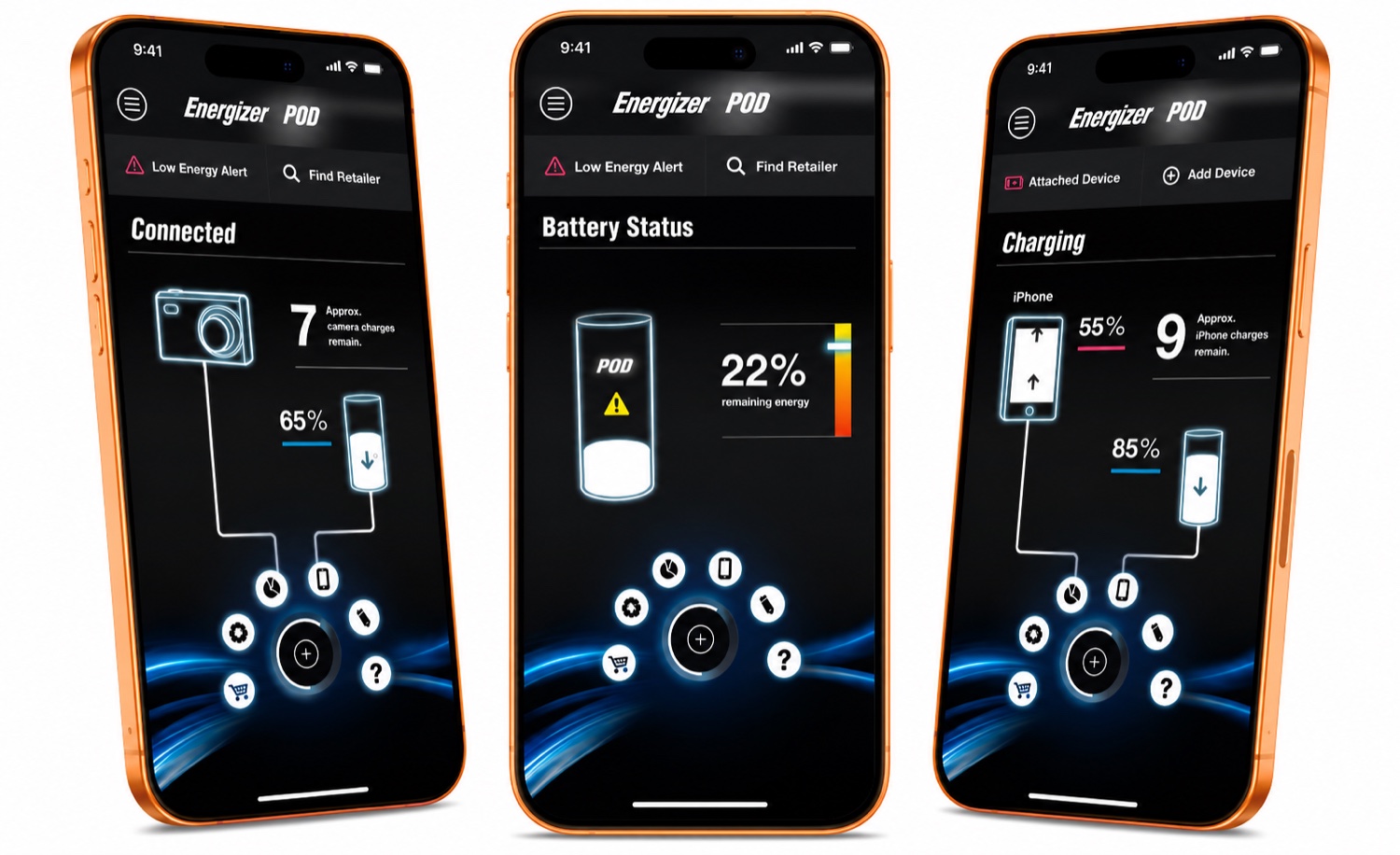 The POD companion app — Connected, Battery Status, and Charging screens