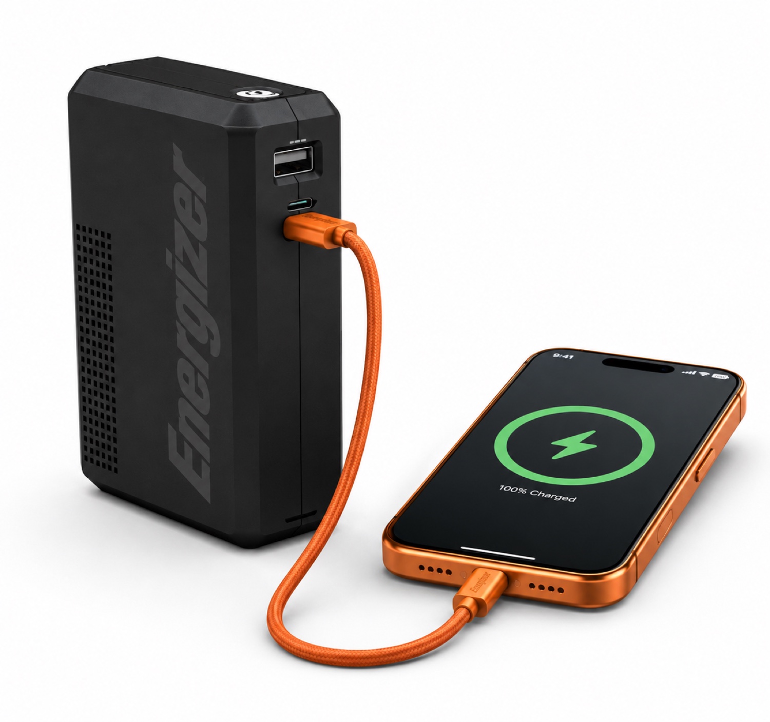 The Energizer power bank charging an iPhone to 100% over an orange braided cable
