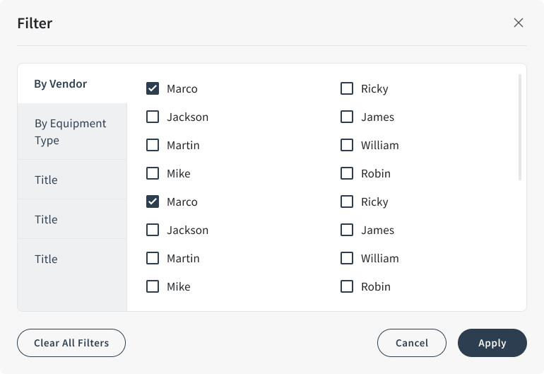 The multi-select filter modal