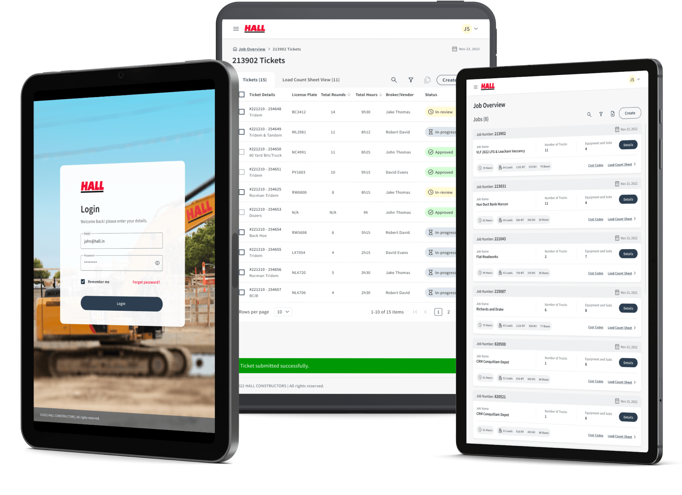 The Hall ticketing system across three iPads — login, tickets, and overview