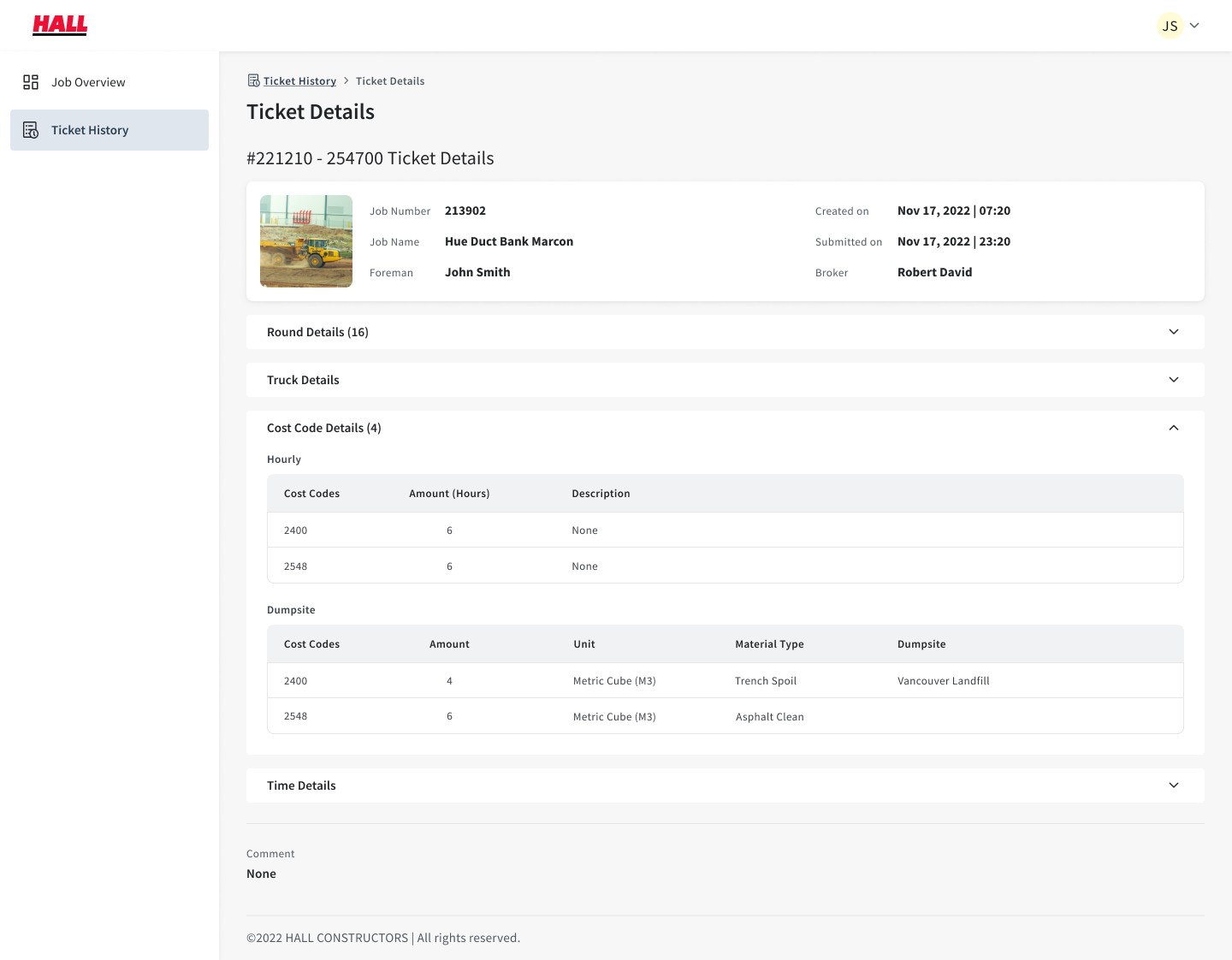 Ticket details — cost code entry on the iPad app