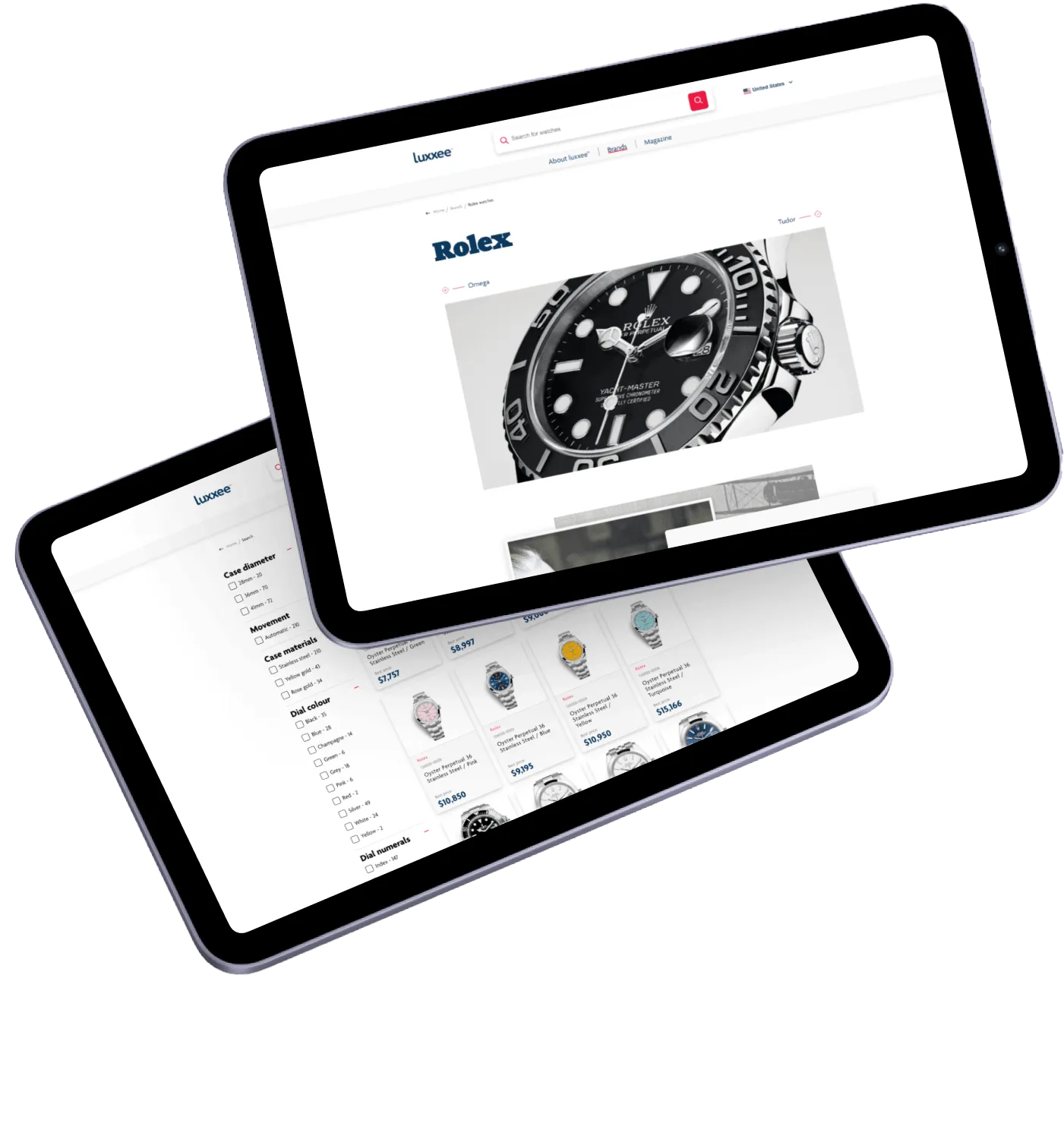 Two overlapping iPads — a Rolex brand page and the results grid