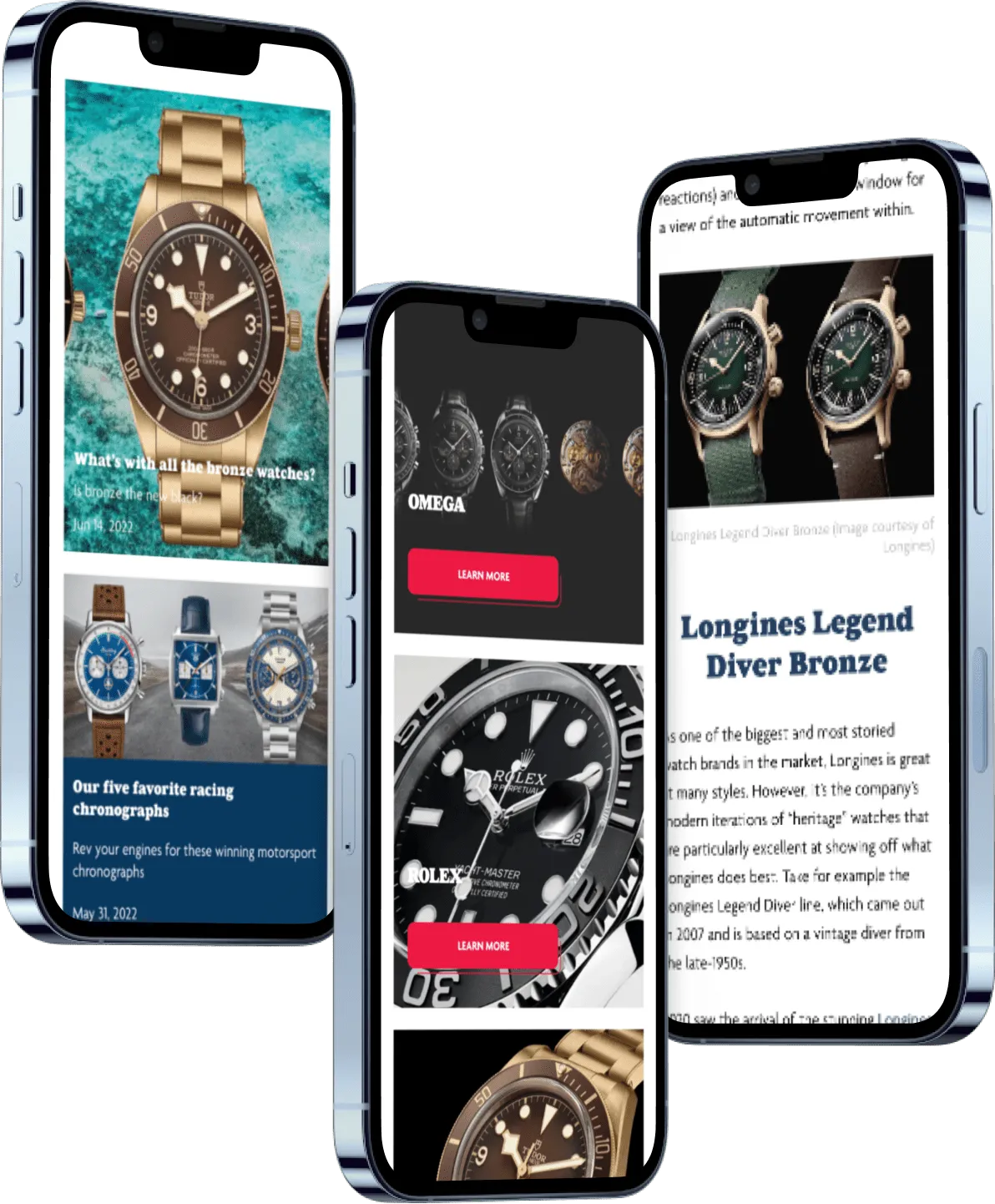 Three iPhones showing luxxee Magazine articles