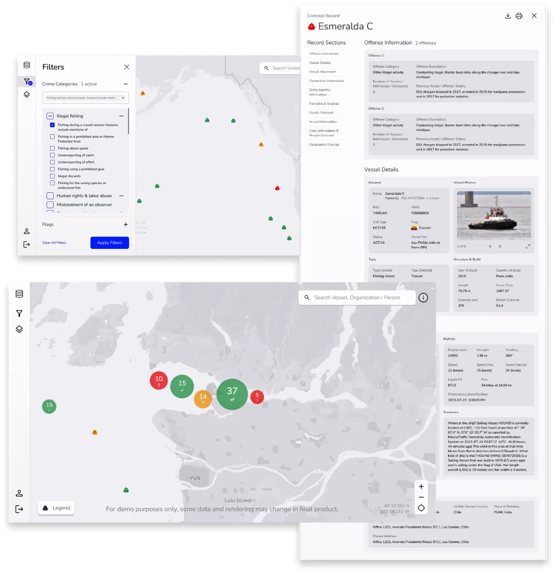 HAVA's filtering screens — crime categories, vessel records, and the live map