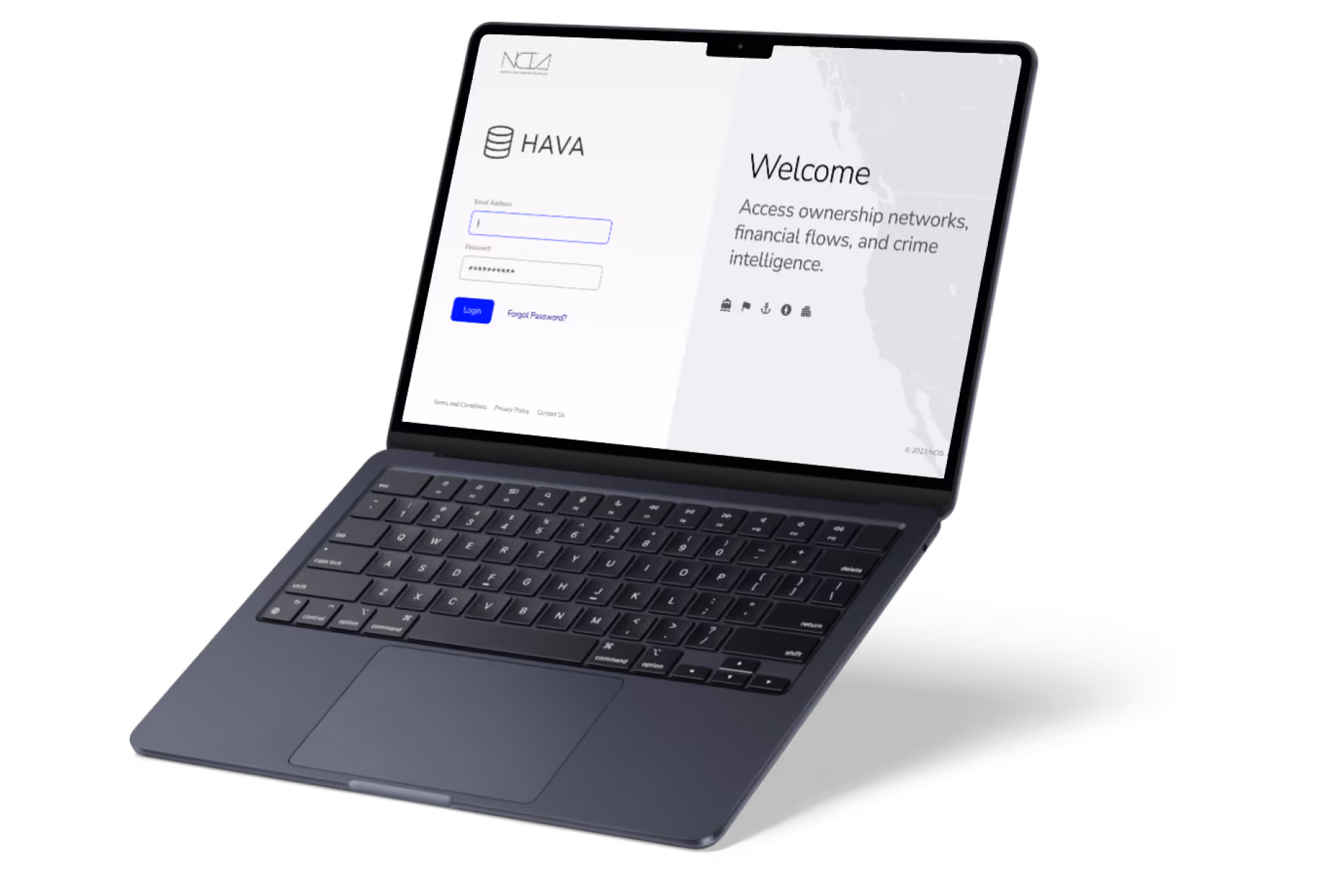 The HAVA maritime intelligence platform — welcome screen on a laptop