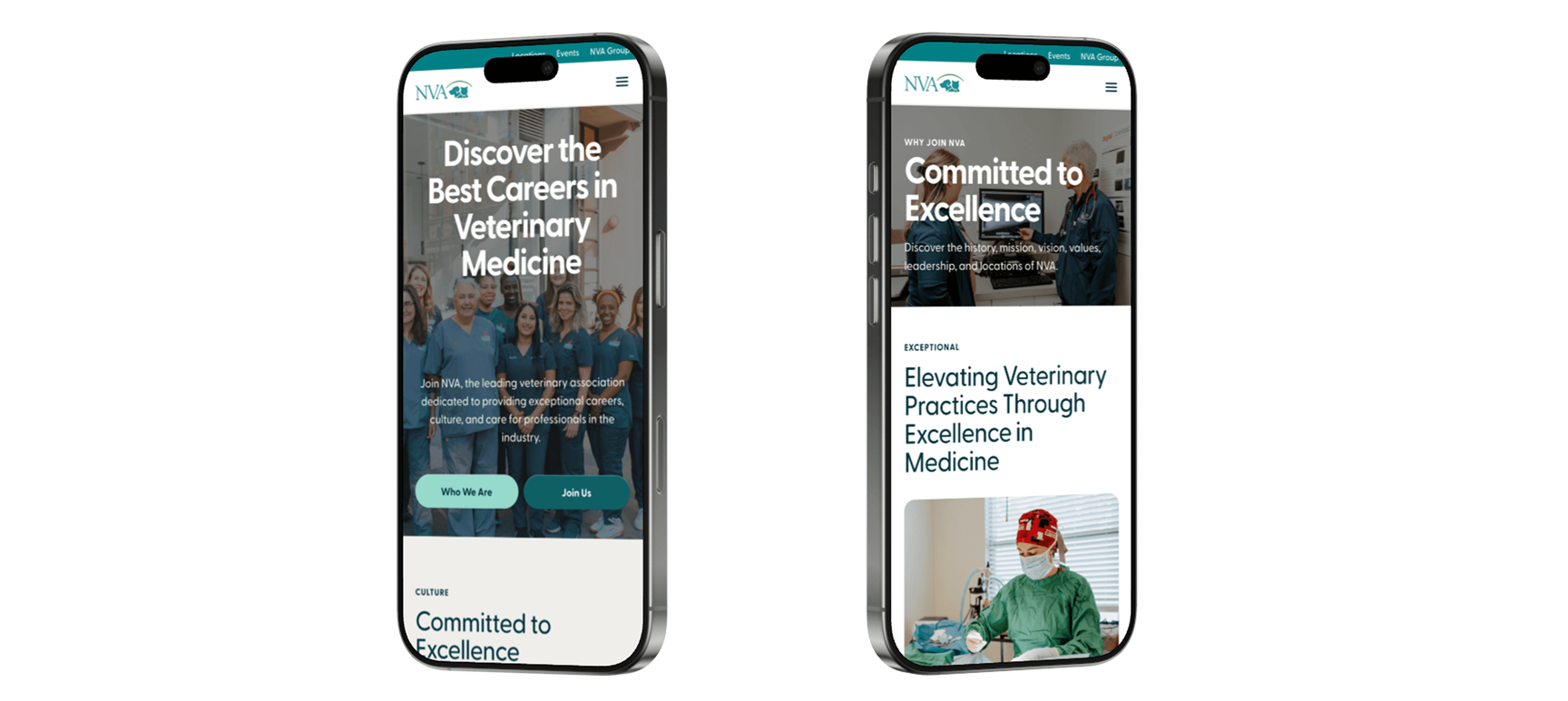 The NVA careers site and Committed to Excellence page on two phones