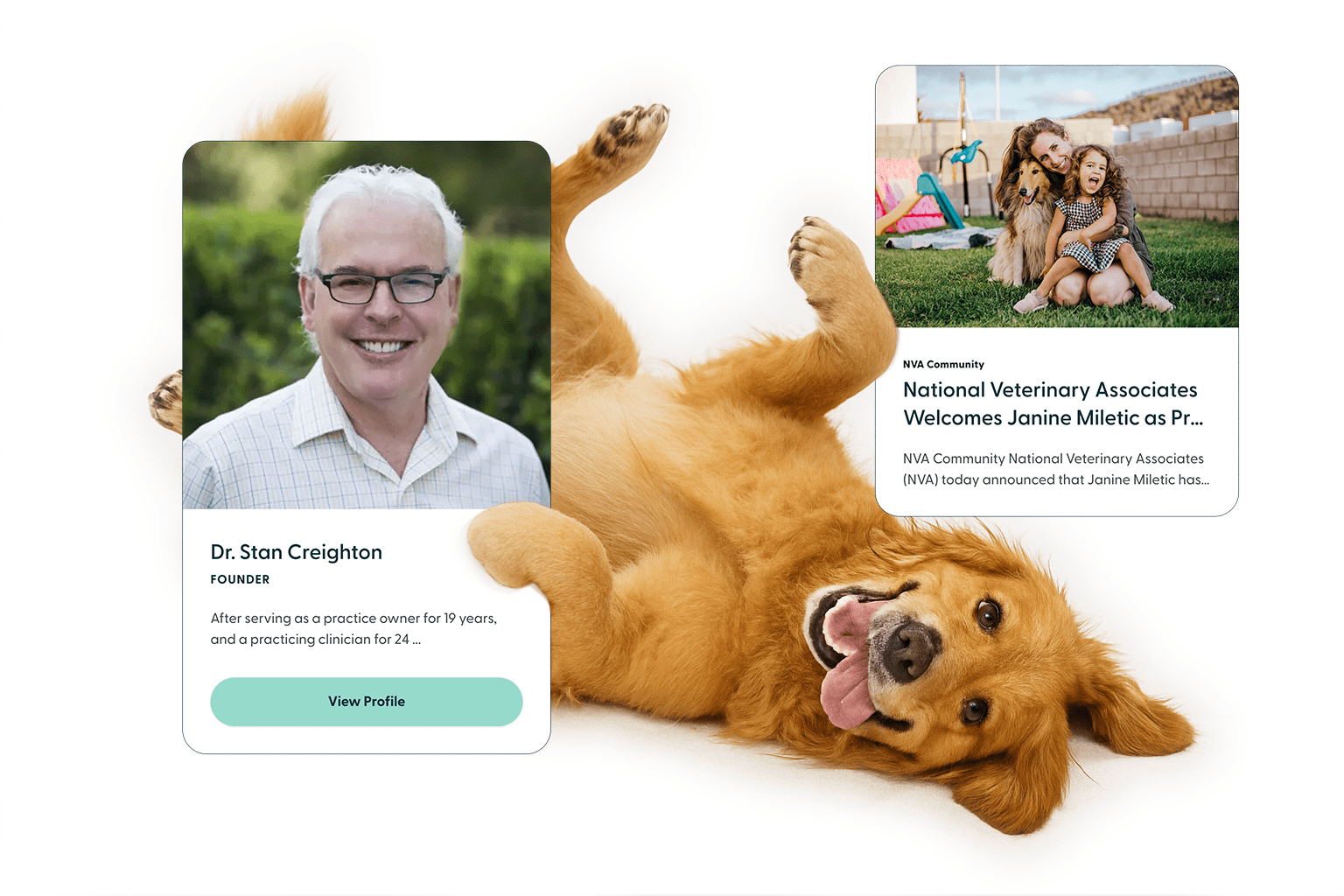 NVA people-first composition — founder card, community, and a golden retriever