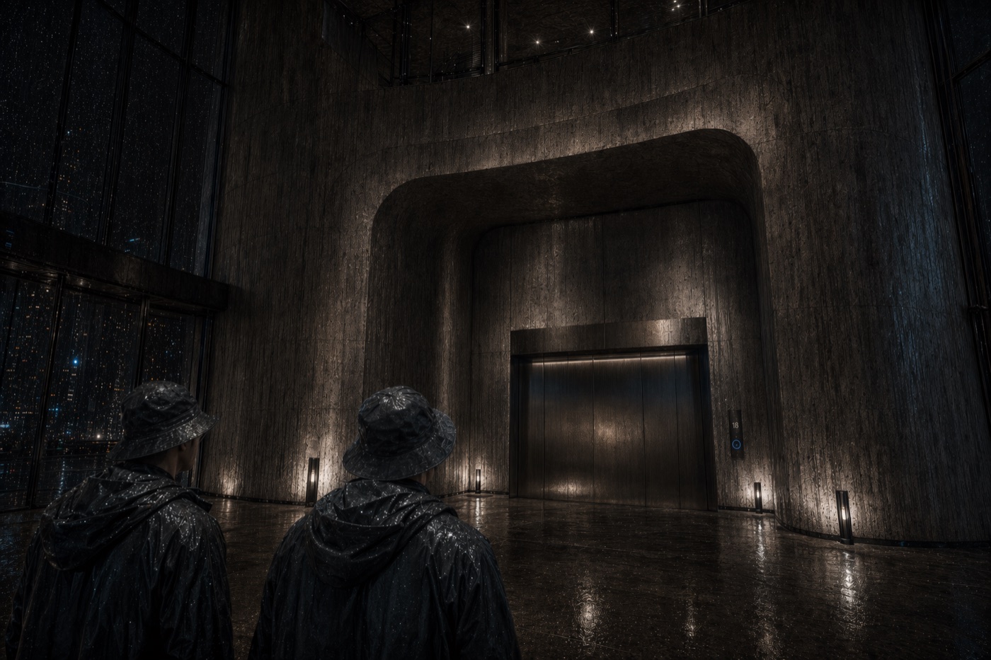 The lab lobby — two gravediggers before an ornate elevator