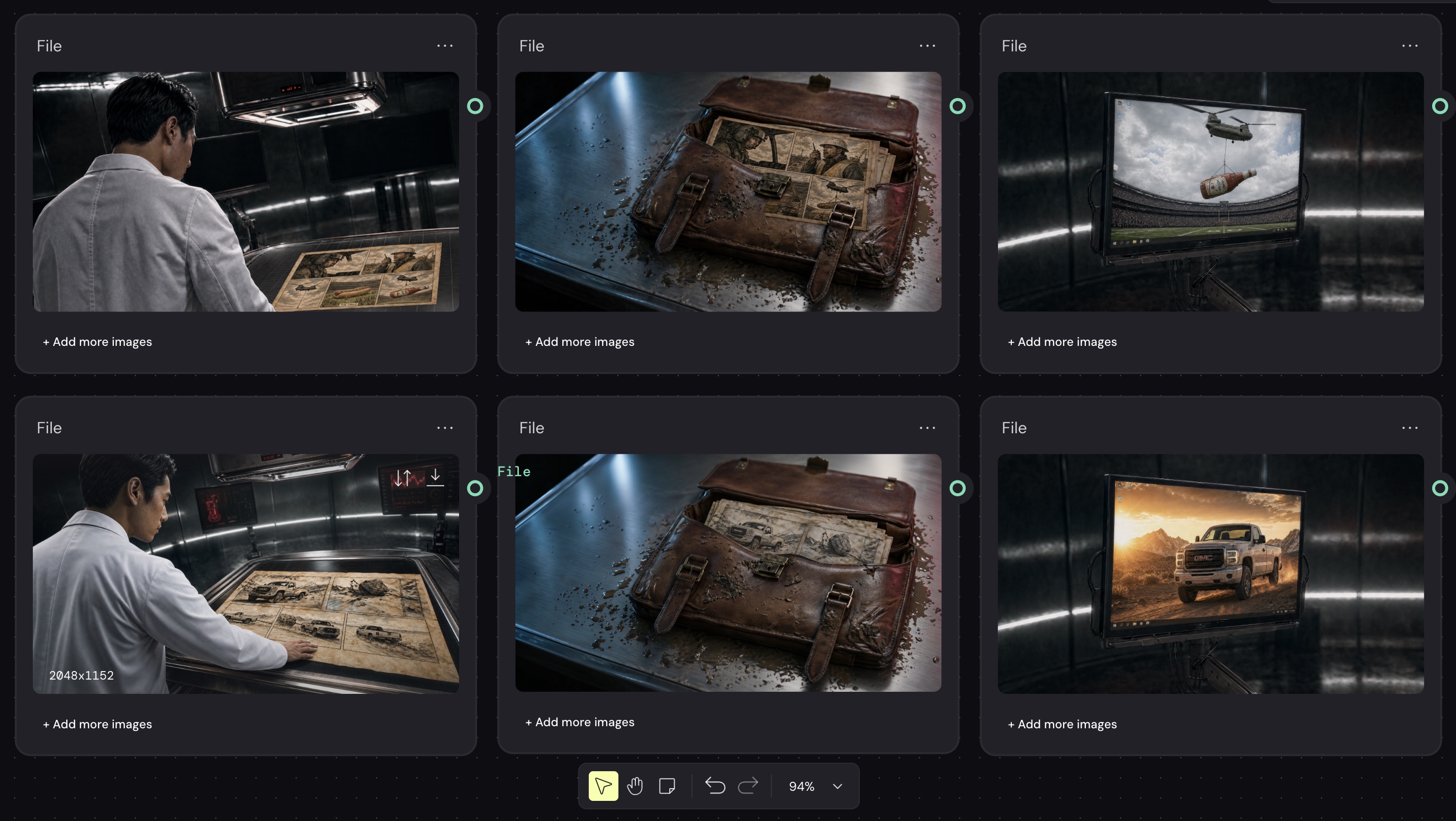 A Figma Weave graph regenerating the Act IV–V payoff — the briefcase interior and final on-screen playback re-rendered per agency through image-to-video passes.