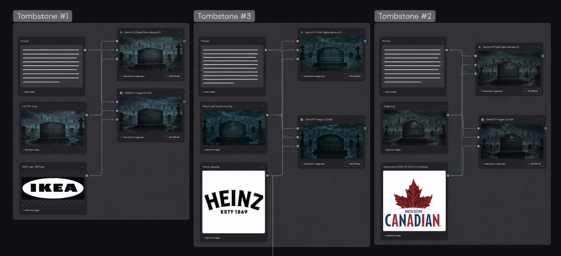 A node-based Figma Weave graph cloning the Act I tombstone shot across agency variants — each pass swapping in a different client logo and epitaph.
