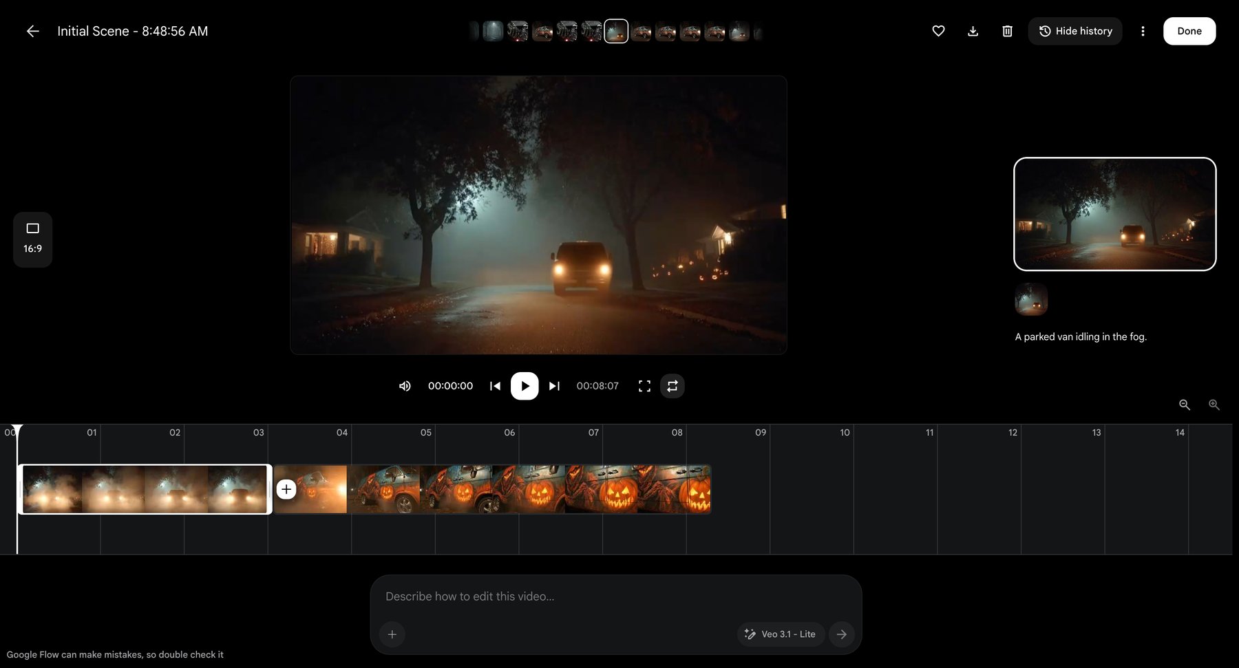 Flow today. The scene builder with the initial scene of Sleepy Hollow on the timeline.