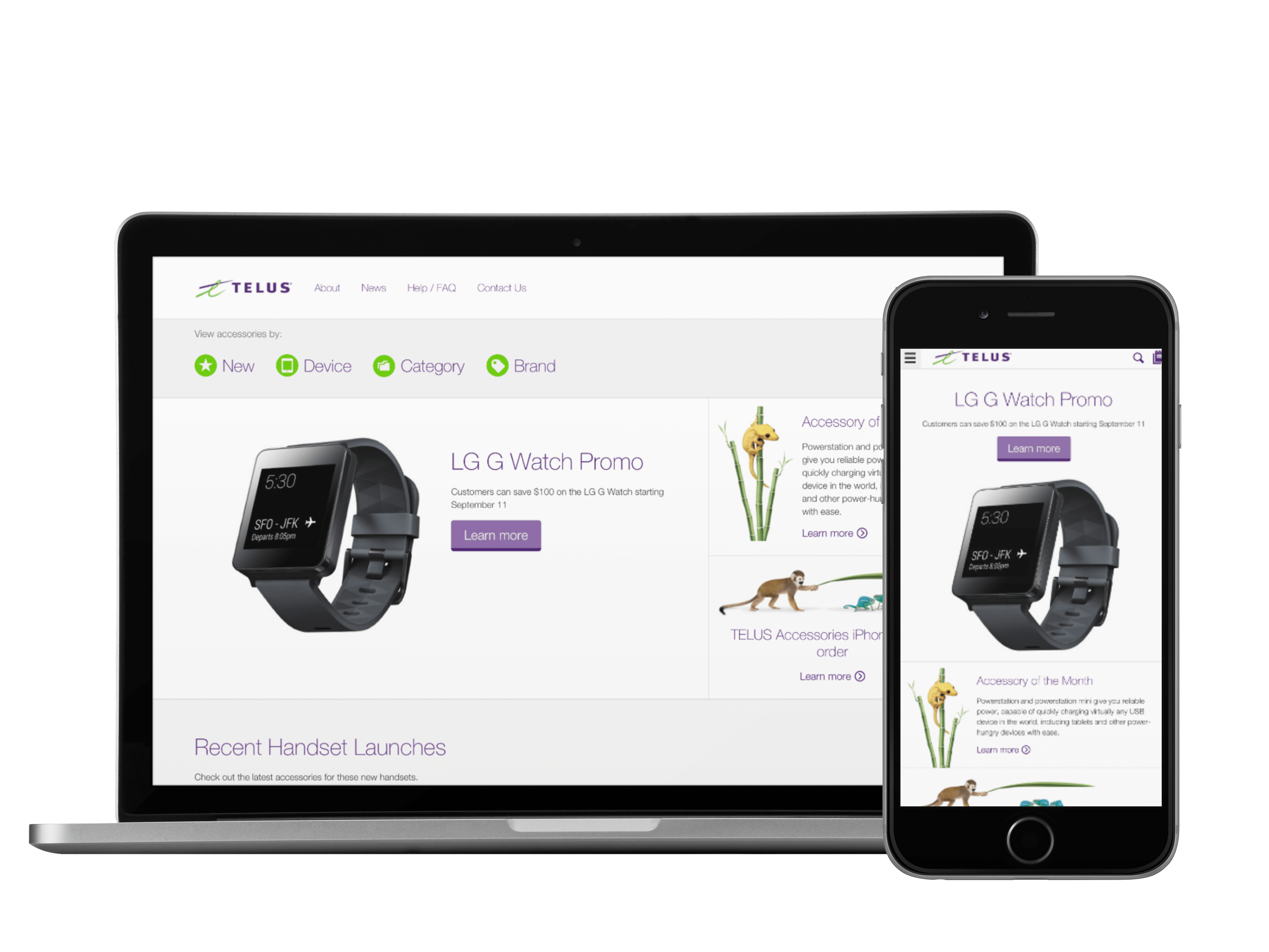 The TELUS-branded accessories catalogue on laptop and phone
