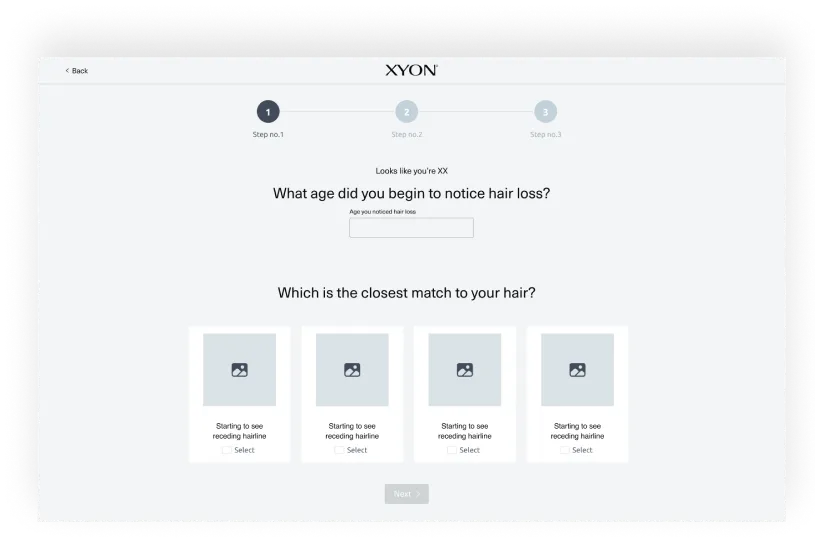 XYON guided intake — a three-step questionnaire, step 1 of 3