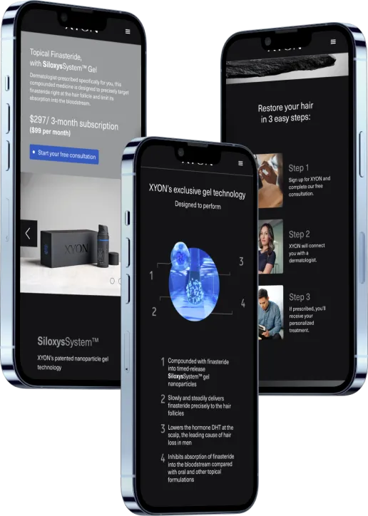 The XYON prescription and product pages on three phones